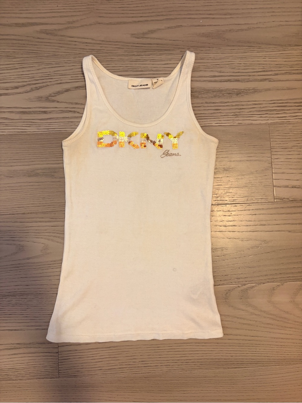 DKNY - White Sequin Logo Rib Tank Top